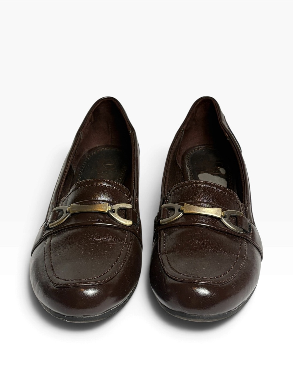 Life Stride Brown Leather Loafers with Gold Tone Bit
